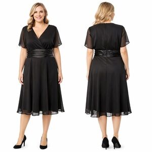 Black chiffon Avenue dress satin ruched waist flutter sleeves knee length Sz 18W